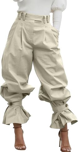 LETSVDO Women Wide Leg Dress Pants High Waist Paper Bag Ruffle Lantern Barrel Slacks Casual Work Business Cropped Trousers in Kuwait
