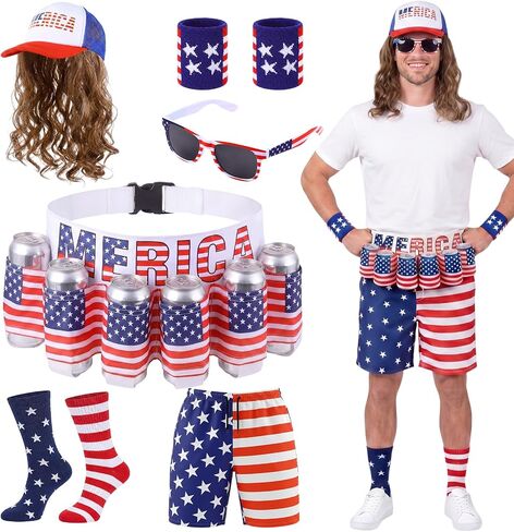 Chicingyou 6 Pcs American Flag Outfits for Men 4th of July Beer Belt Wigs Short Pant Wristband Sunglasses Socks in Kuwait