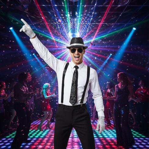 Aicos Pop Star Costume 80s Rock Super Star Dance Cosplay Accessories Hat Sunglasses Tie Halloween Costume in Saudi Arabia