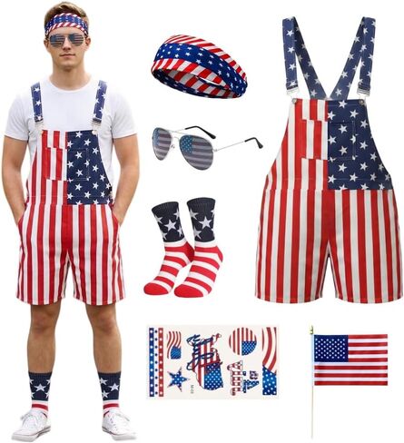 American Flag Overalls for Men Women 4th of July Bib Overalls Denim Patriotic Outfit with Sunglasses Sock Stickers in Kuwait