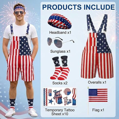 American Flag Overalls for Men Women 4th of July Bib Overalls Denim Patriotic Outfit with Sunglasses Sock Stickers in Kuwait
