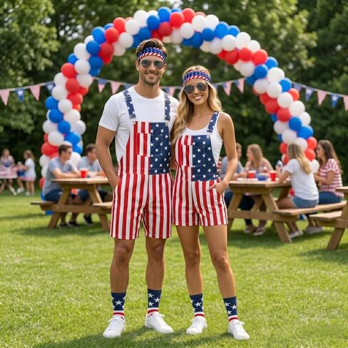 American Flag Overalls for Men Women 4th of July Bib Overalls Denim Patriotic Outfit with Sunglasses Sock Stickers in Kuwait