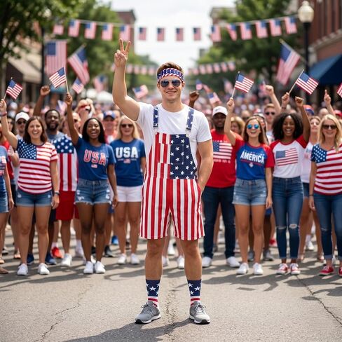 American Flag Overalls for Men Women 4th of July Bib Overalls Denim Patriotic Outfit with Sunglasses Sock Stickers in Kuwait
