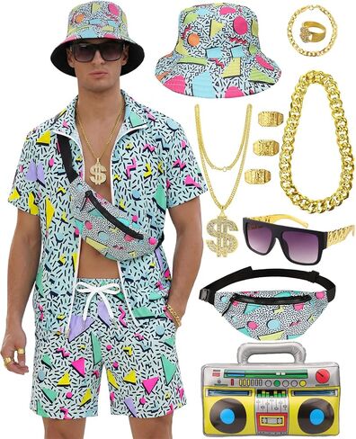 VillbeCoser ملابس 80s 90s للرجال، بدلة رياضية نيون كتلة الألوان مجموعة سترة واقية قصيرة الأكمام شورت حفلة الهيب هوب in Kuwait