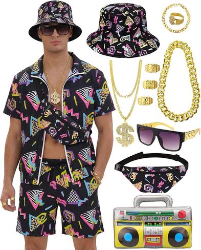 VillbeCoser ملابس 80s 90s للرجال، بدلة رياضية نيون كتلة الألوان مجموعة سترة واقية قصيرة الأكمام شورت حفلة الهيب هوب in Kuwait