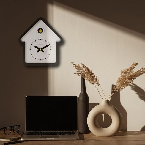 Cloudnola Modern Wooden House Cuckoo Clock, Black and White, Hourly Bird Voice Chirping, Silent Timekeeping, 11 x 10 x 3 inches, for Living Room, Kitchen, Office, or Gifts in Saudi Arabia
