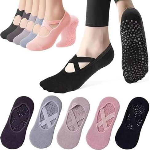 5 Pack Pilates Socks Yoga Socks with Grips for Women Non Slip, Workout Pure Barre Ballet Dance Hospital Socks in Kuwait