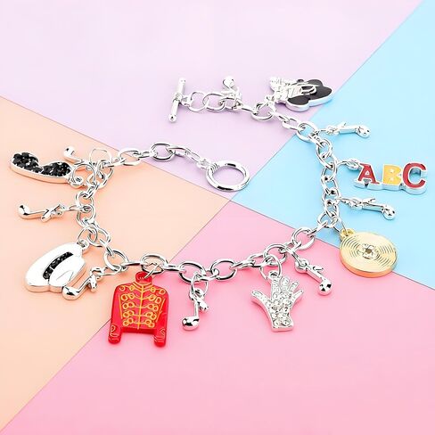 Music Inspired Charm Bracelet, Silver Chain with Red Jacket, Hat, Glove, BAD Charms, 7.29 Inch in Kuwait