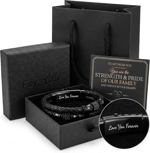 Men's Braided Leather Bracelet with Adjustable Clasp, Double Layer Black Genuine Leather Wristband for Husband/Dad/Son, Adjustable Size, Luxury Gift Box & Sentimental Message Card Included in Kuwait