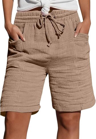 Knee Length Shorts for Women Casual Summer High Waisted Baggy Shorts with Pockets 2026 Drawstring Lounge Outfits in Kuwait