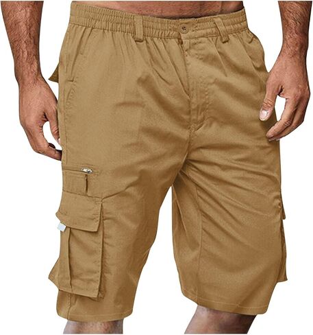 Mens Cargo Shorts Casual Summer Hiking Pants Elastic Waist Knee Length Multi-Pockets Baggy Stretch Bermuda Shorts in Saudi Arabia