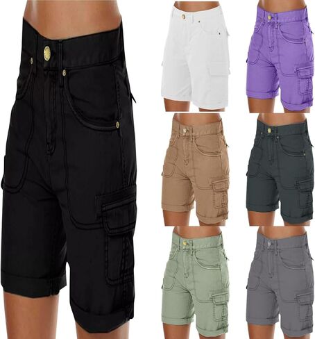 Plus Size Bermuda Shorts for Women with Pockets Cargo Shorts Casual Knee Length High Waisted Stretch Wide Leg Pants in Saudi Arabia