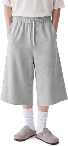 Mens Baggy Sweat Shorts Below Knee Long Capri Wide Leg Gym Shorts Lightweight Cotton Y2K 3/4 Sweatpants Pockets in Saudi Arabia