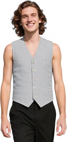 MllesReve Men Striped Vest Seersucker Slim Fit Formal Casual Waistcoat Business Vests in Saudi Arabia