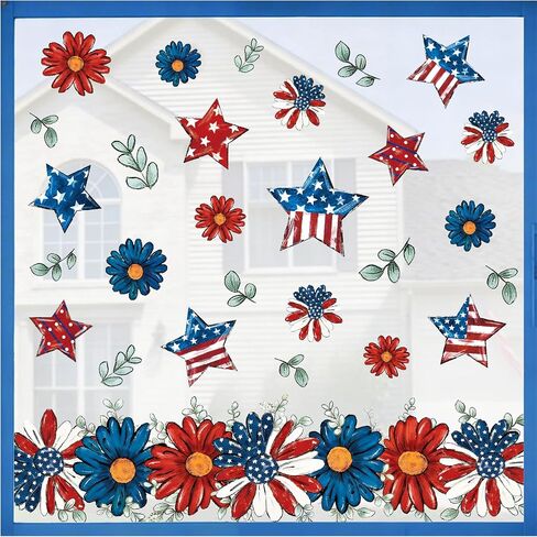Patriotic Window Clings 4th of July Red Blue Floral Window Decals Watercolor Poppy Flower Butterfly Flag Double-Sided Reusable for Independence Memorial Day Patriotic Party Supplies in Saudi Arabia