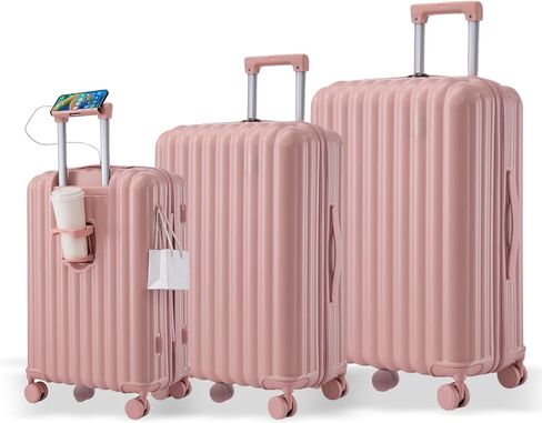Luggage Sets 3 Piece with USB Charging Port and Phone Holder,Hardshell Luggage Set with Spinner Wheels, ABS Hardside Suitcase Set for Women Men Travel (Pink) in Saudi Arabia