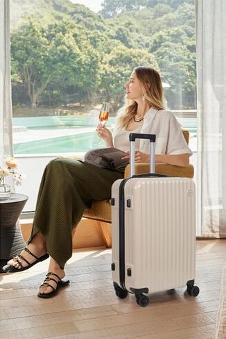 3-Piece Hardside Luggage Set, ABS+PC Spinner Suitcase with Anti-Burst Zipper & Built-in Lock, 20/24/28 Inch (Beige) in Saudi Arabia