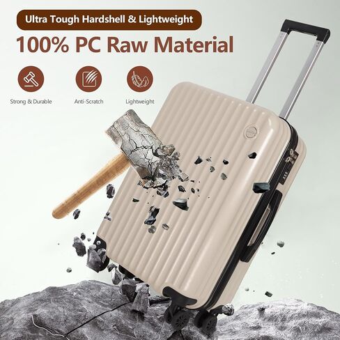 3-Piece Hardside Luggage Set, ABS+PC Spinner Suitcase with Anti-Burst Zipper & Built-in Lock, 20/24/28 Inch (Beige) in Saudi Arabia