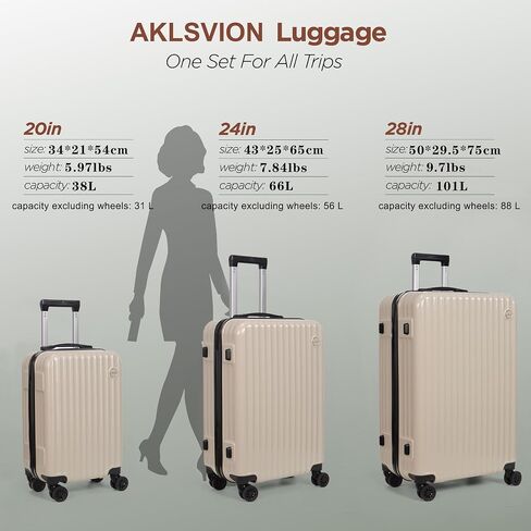 3-Piece Hardside Luggage Set, ABS+PC Spinner Suitcase with Anti-Burst Zipper & Built-in Lock, 20/24/28 Inch (Beige) in Saudi Arabia