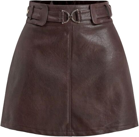 Verdusa Women's Western PU Leather Mini Skirt Buckle Belted A Line Skirts Retro Festival Outfits in Kuwait