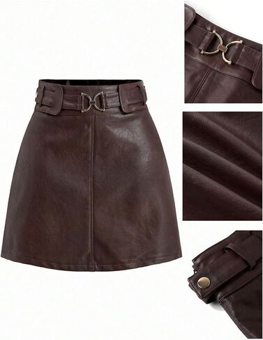 Verdusa Women's Western PU Leather Mini Skirt Buckle Belted A Line Skirts Retro Festival Outfits in Kuwait