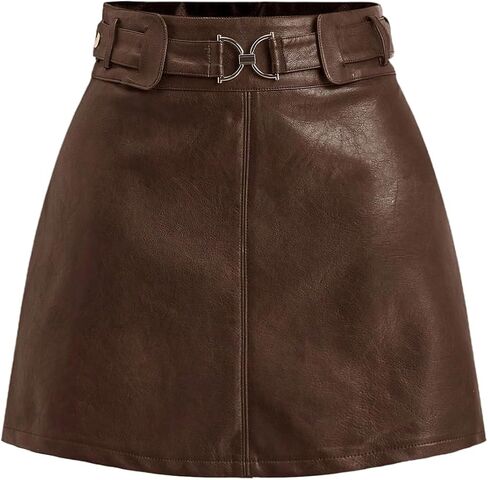 Verdusa Women's Western PU Leather Mini Skirt Buckle Belted A Line Skirts Retro Festival Outfits in Kuwait