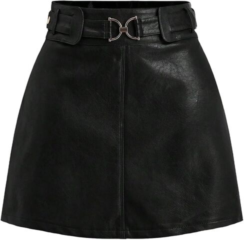 Verdusa Women's Western PU Leather Mini Skirt Buckle Belted A Line Skirts Retro Festival Outfits in Kuwait