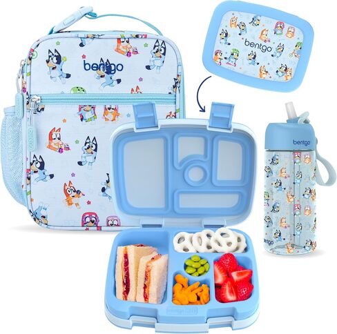Bentgo + BLUEY 3-Piece Lunchtime Trio Set - Leak-Proof Kids Prints 5-Compartment Bento Lunch Box, Insulated Lightweight Tote Bag, & Durable Bite & Sip Water Bottle Bundle for Age 3+ (Hearts & Crafts) in Kuwait