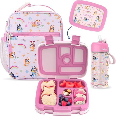 Bentgo + BLUEY 3-Piece Lunchtime Trio Set - Leak-Proof Kids Prints 5-Compartment Bento Lunch Box, Insulated Lightweight Tote Bag, & Durable Bite & Sip Water Bottle Bundle for Age 3+ (Hearts & Crafts) in Kuwait