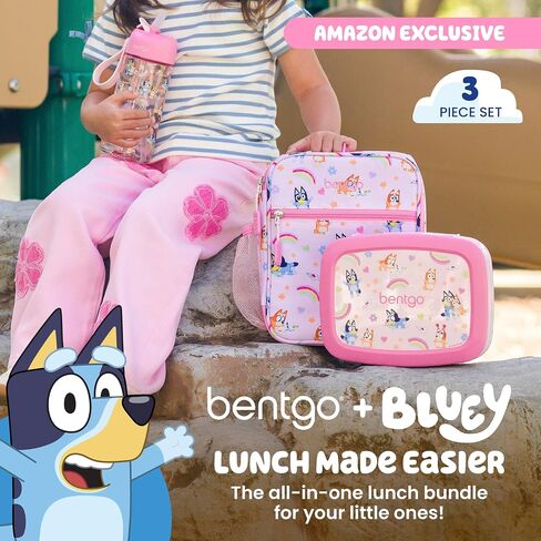 Bentgo + BLUEY 3-Piece Lunchtime Trio Set - Leak-Proof Kids Prints 5-Compartment Bento Lunch Box, Insulated Lightweight Tote Bag, & Durable Bite & Sip Water Bottle Bundle for Age 3+ (Hearts & Crafts) in Kuwait