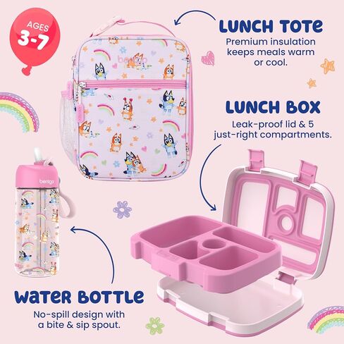 Bentgo + BLUEY 3-Piece Lunchtime Trio Set - Leak-Proof Kids Prints 5-Compartment Bento Lunch Box, Insulated Lightweight Tote Bag, & Durable Bite & Sip Water Bottle Bundle for Age 3+ (Hearts & Crafts) in Kuwait