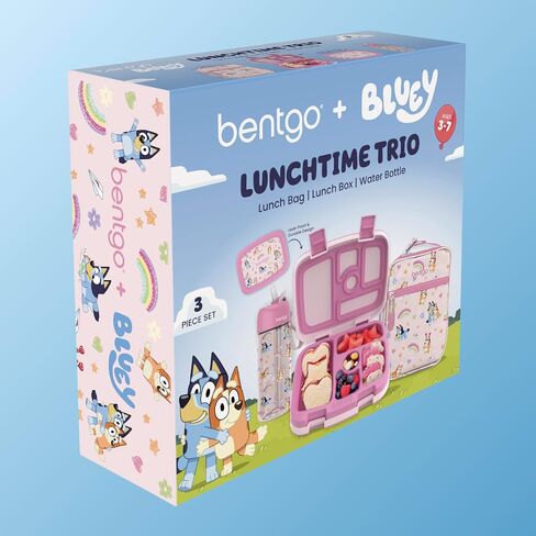 Bentgo + BLUEY 3-Piece Lunchtime Trio Set - Leak-Proof Kids Prints 5-Compartment Bento Lunch Box, Insulated Lightweight Tote Bag, & Durable Bite & Sip Water Bottle Bundle for Age 3+ (Hearts & Crafts) in Kuwait