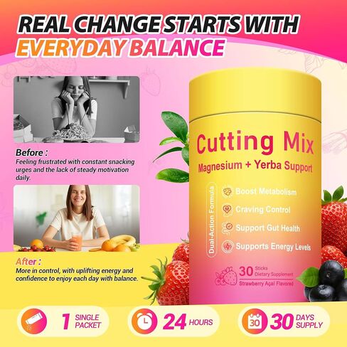 Cutting Drink Mix – Berberine, 5-HTP, Yerba Mate & Magnesium, FOS | Supports Satiety Signaling, Energy & Gut Health | Strawberry Açaí Flavor – 30 Servings in Saudi Arabia