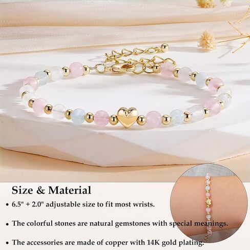 7th-16th Birthday Gifts, Natural Crystal Bracelet Rose Quartz Moonstone Aquamarine Healing Stones Jewelry for Her 6.5+2 Inches in Saudi Arabia