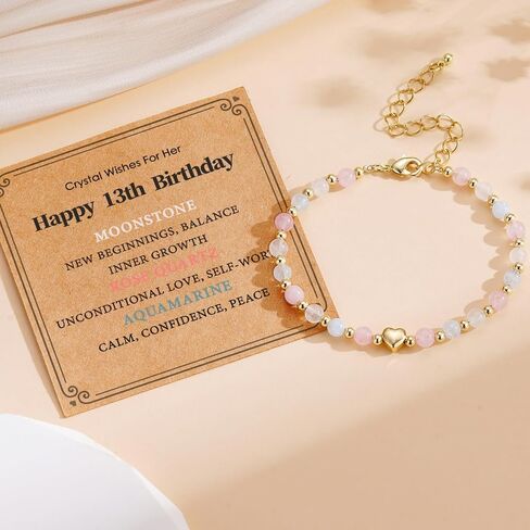 7th-16th Birthday Gifts, Natural Crystal Bracelet Rose Quartz Moonstone Aquamarine Healing Stones Jewelry for Her 6.5+2 Inches in Saudi Arabia