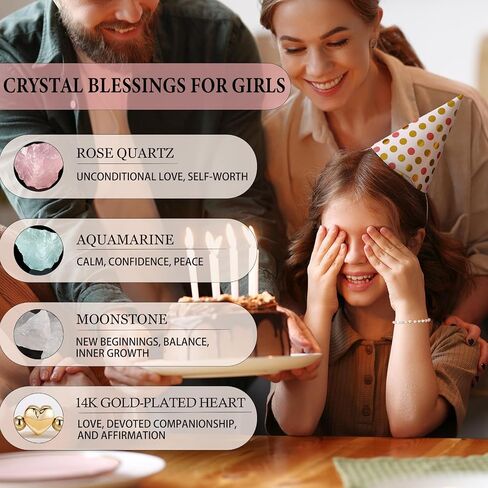 7th-16th Birthday Gifts, Natural Crystal Bracelet Rose Quartz Moonstone Aquamarine Healing Stones Jewelry for Her 6.5+2 Inches in Saudi Arabia