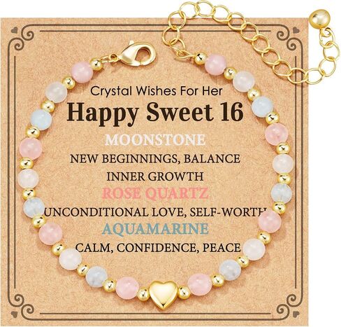7th-16th Birthday Gifts, Natural Crystal Bracelet Rose Quartz Moonstone Aquamarine Healing Stones Jewelry for Her 6.5+2 Inches in Saudi Arabia