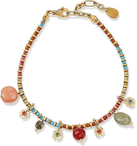 Boho Natural Stone Charm Bracelet for Women, 6.7" Rainbow Quartzite Beaded Chain with Sunstone, Red Carnelian & Aventurine Drops, Vintage Yellow Brass Flower Dainty Jewelry Gift, 1.2" Extension in Kuwait