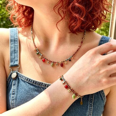 Boho Natural Stone Charm Bracelet for Women, 6.7" Rainbow Quartzite Beaded Chain with Sunstone, Red Carnelian & Aventurine Drops, Vintage Yellow Brass Flower Dainty Jewelry Gift, 1.2" Extension in Kuwait
