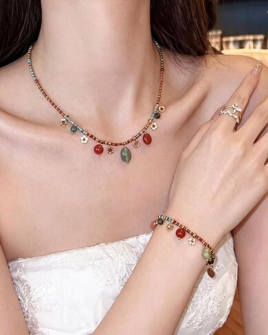 Boho Natural Stone Charm Bracelet for Women, 6.7" Rainbow Quartzite Beaded Chain with Sunstone, Red Carnelian & Aventurine Drops, Vintage Yellow Brass Flower Dainty Jewelry Gift, 1.2" Extension in Kuwait