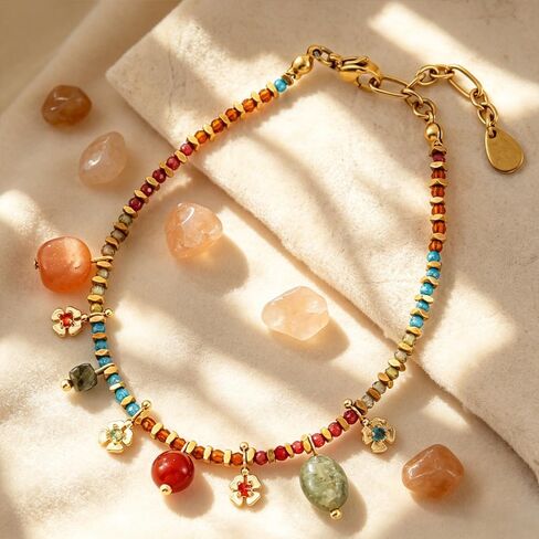 Boho Natural Stone Charm Bracelet for Women, 6.7" Rainbow Quartzite Beaded Chain with Sunstone, Red Carnelian & Aventurine Drops, Vintage Yellow Brass Flower Dainty Jewelry Gift, 1.2" Extension in Kuwait