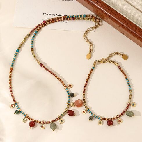 Boho Natural Stone Charm Bracelet for Women, 6.7" Rainbow Quartzite Beaded Chain with Sunstone, Red Carnelian & Aventurine Drops, Vintage Yellow Brass Flower Dainty Jewelry Gift, 1.2" Extension in Kuwait