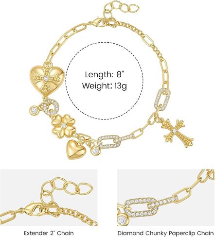 KissYan Gold Charm Bracelets for Women, 14K Bubble Cross Four-leaf Clover Bracelet, Trendy Personalized Jewelry Gift in Kuwait