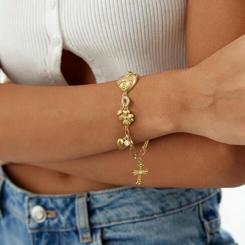 KissYan Gold Charm Bracelets for Women, 14K Bubble Cross Four-leaf Clover Bracelet, Trendy Personalized Jewelry Gift in Kuwait