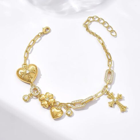 KissYan Gold Charm Bracelets for Women, 14K Bubble Cross Four-leaf Clover Bracelet, Trendy Personalized Jewelry Gift in Kuwait