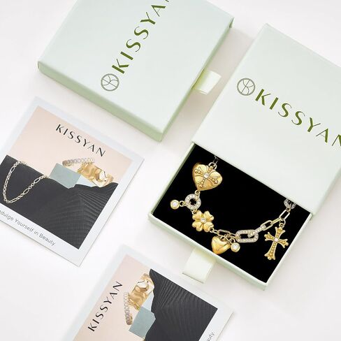 KissYan Gold Charm Bracelets for Women, 14K Bubble Cross Four-leaf Clover Bracelet, Trendy Personalized Jewelry Gift in Kuwait