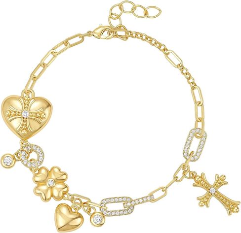 KissYan Gold Charm Bracelets for Women, 14K Bubble Cross Four-leaf Clover Bracelet, Trendy Personalized Jewelry Gift in Kuwait
