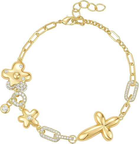 KissYan Gold Charm Bracelets for Women, 14K Bubble Cross Four-leaf Clover Bracelet, Trendy Personalized Jewelry Gift in Kuwait