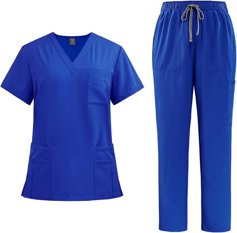 MAYFASEY Scrubs for Women Set Modern V-Neck Scrub Top and Straight Leg Pants Medical Nursing Uniform Set with Pockets in Kuwait