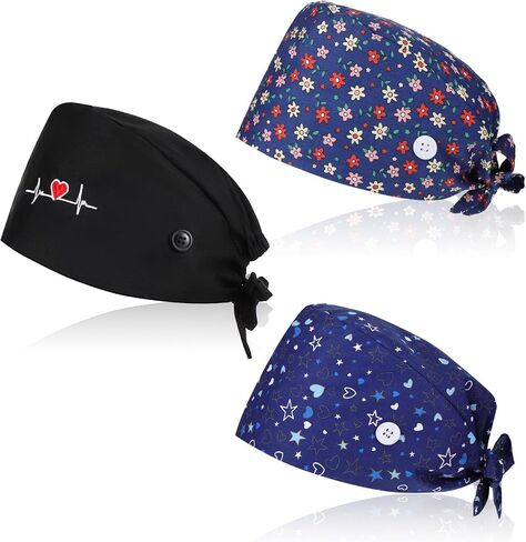 Qianyu 3 Pcs Scrub Caps Women Adjustable Surgical Cap with Button Lightweight Breathable Cute Nursing Working Hats in Kuwait
